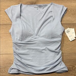 Abercrombie & Fitch Pale Blue Ruched V-Neck Cap Sleeve Top